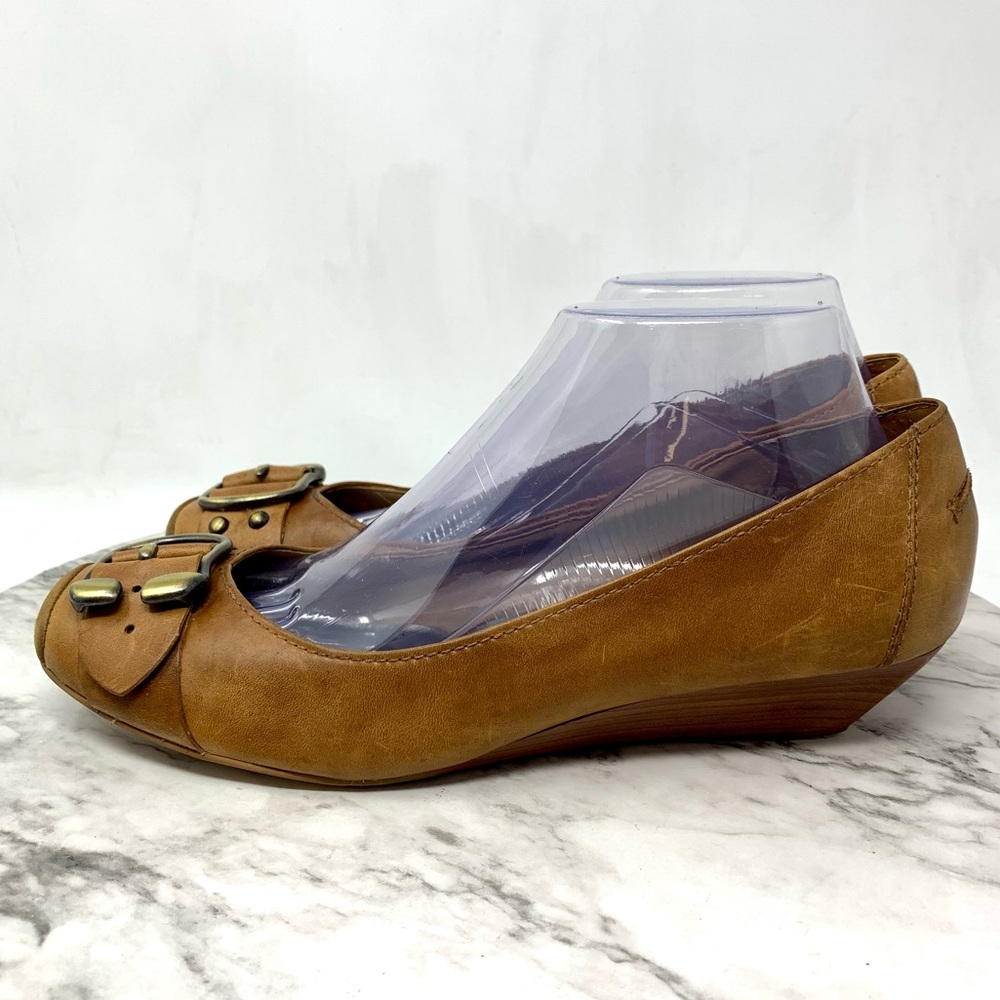 Jessica Simpson Brown Leather Ballet Toe Buckle Wedge Flats 8.5 Classic Preppy - Picture 3 of 16